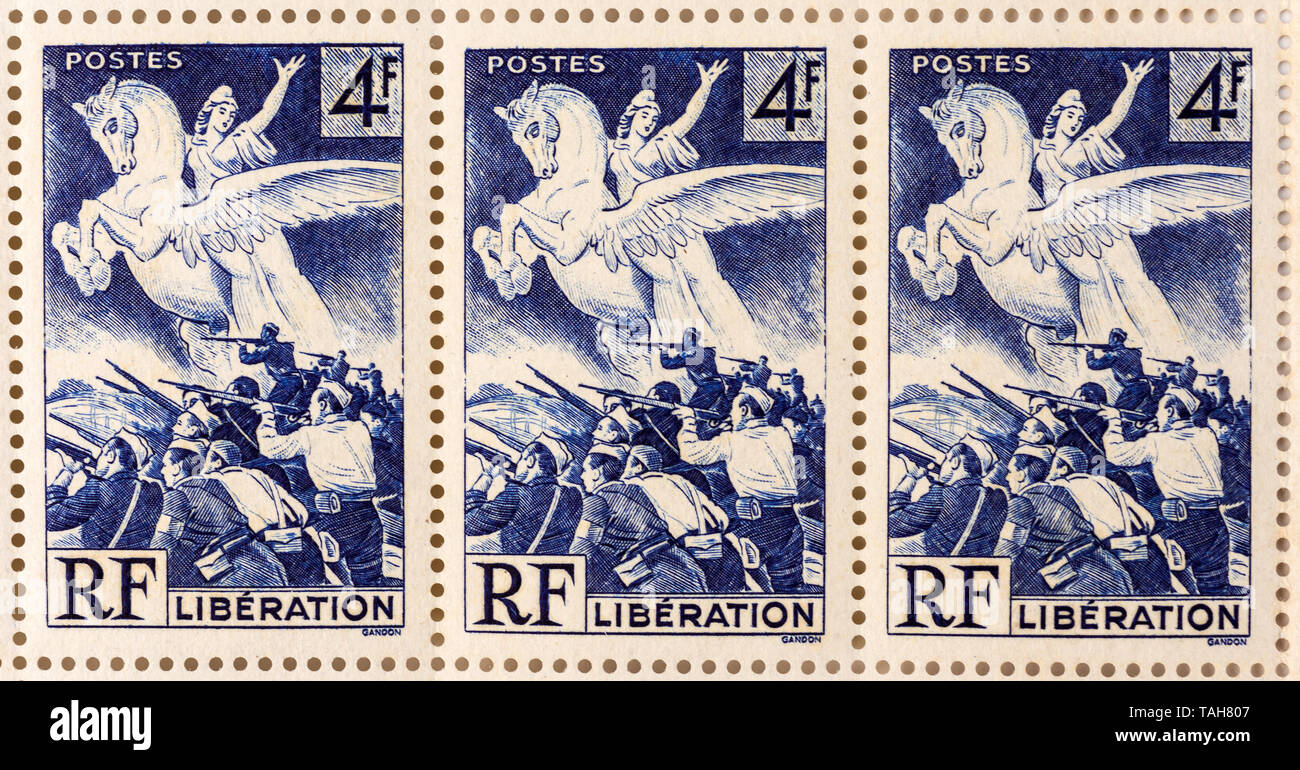 Strip of 3 unused 1945 French 'Liberation' postage stamps. Stock Photo