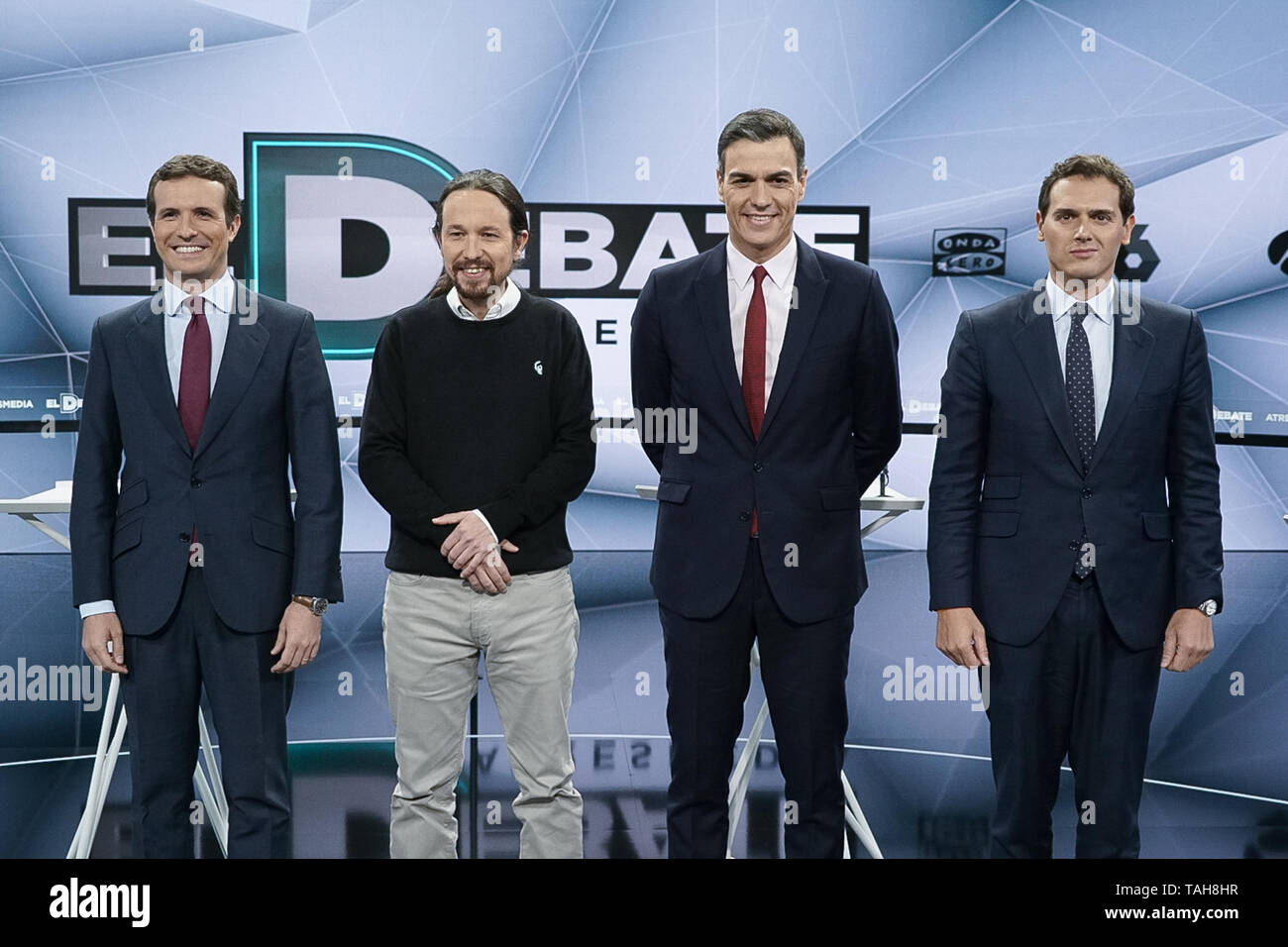 Spanish conservative Popular Party (PP) leader Pablo Casado, far-left Podemos party leader Pablo Iglesias, Prime Minister and PSOE candidate Pedro Sanchez and centre-right Ciudadanos (Citizens) leader Albert Rivera pose before a televised debate in Madrid on April 23, 2019 ahead of this weekend's general election.  Featuring: Pablo Casado, Pablo Iglesias, Pedro Sanchez, Albert Rivera Where: Madrid, Spain When: 23 Apr 2019 Credit: Oscar Gonzalez/WENN.com Stock Photo