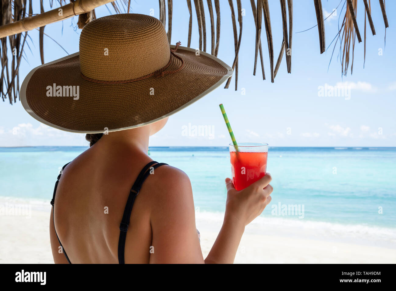 Rear View Of Woman Wearing Hat Holding Glass Of Juice In Hand Looking At Sea Stock Photo