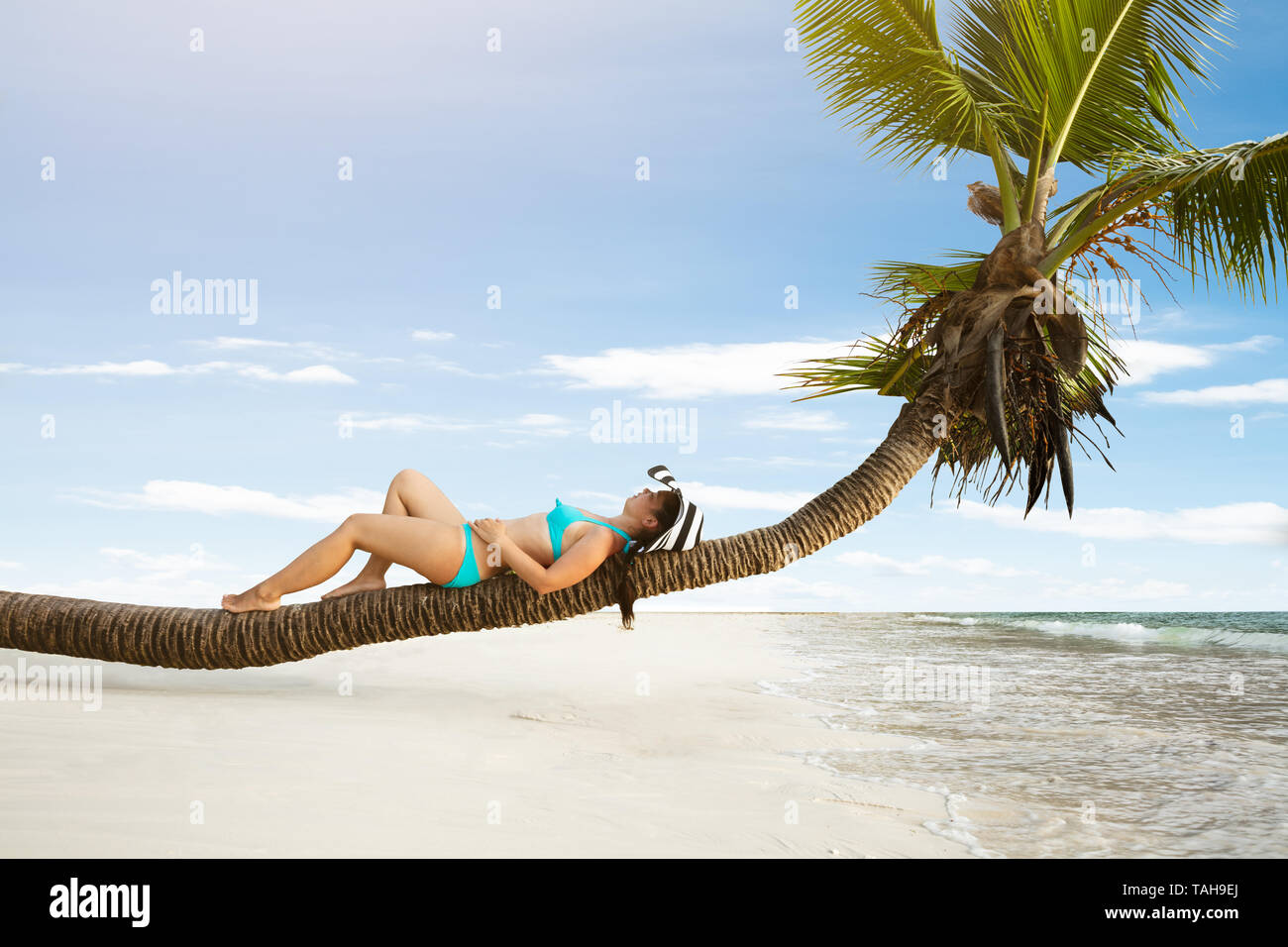 Young Woman In Bikini Lying On Palm Tree Over The Sand At Beach Stock Photo
