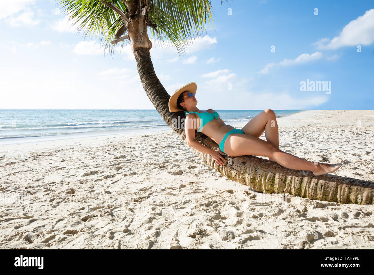 Young Woman In Bikini Relaxing On Crooked Palm Tree At Sandy Beach Stock Photo