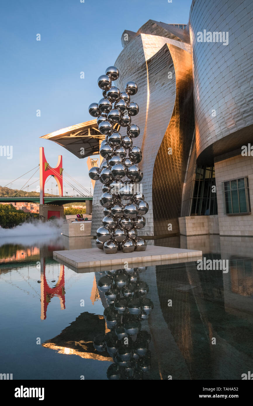 Guggenheim Museum and Silver Balls art exhibit, popular attractions in the New Town part of Bilbao, Basque Country, Spain. Stock Photo