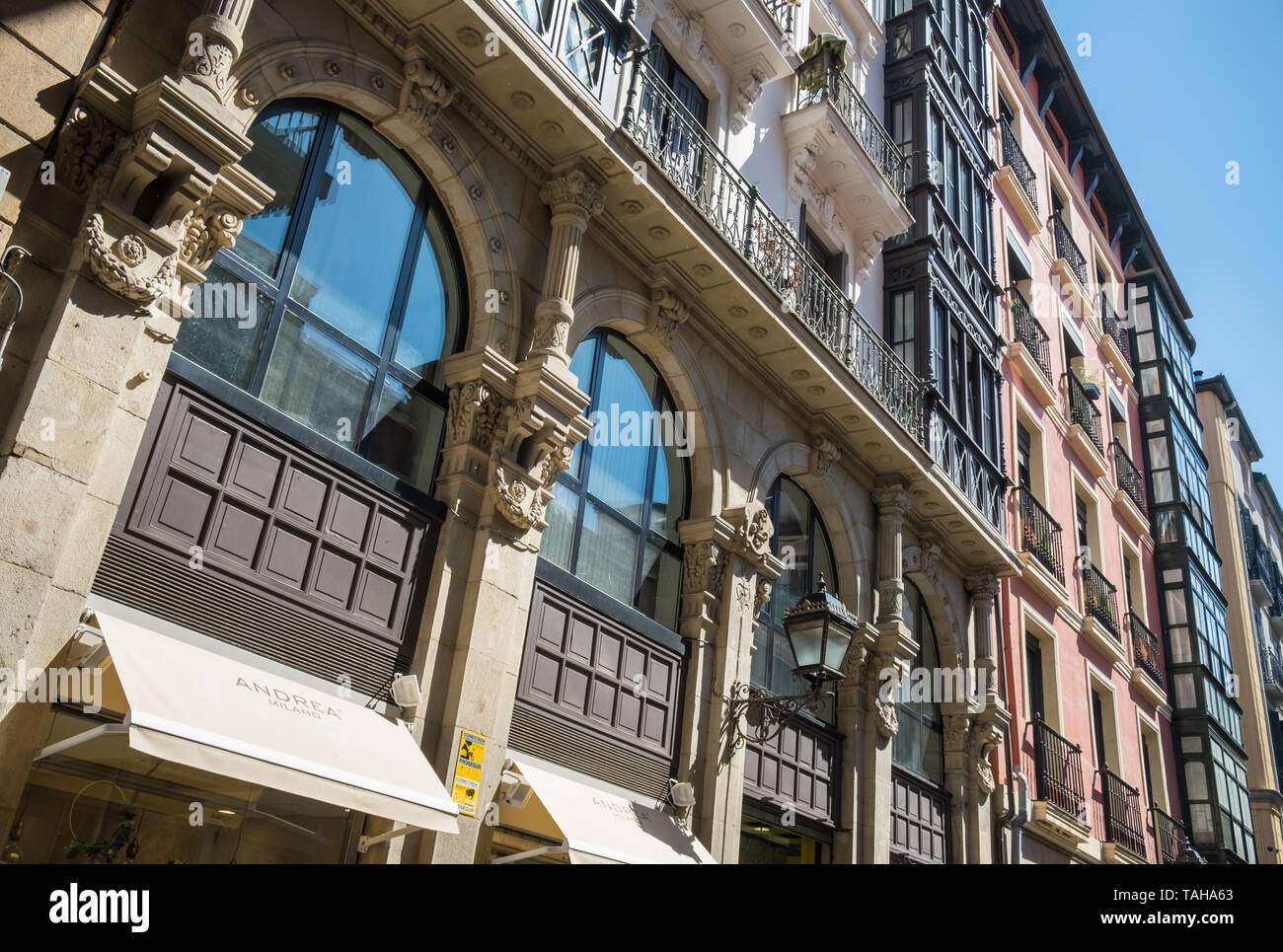 Architectural details of buildings in Casco Viejo, Old Town, Bilbao ...