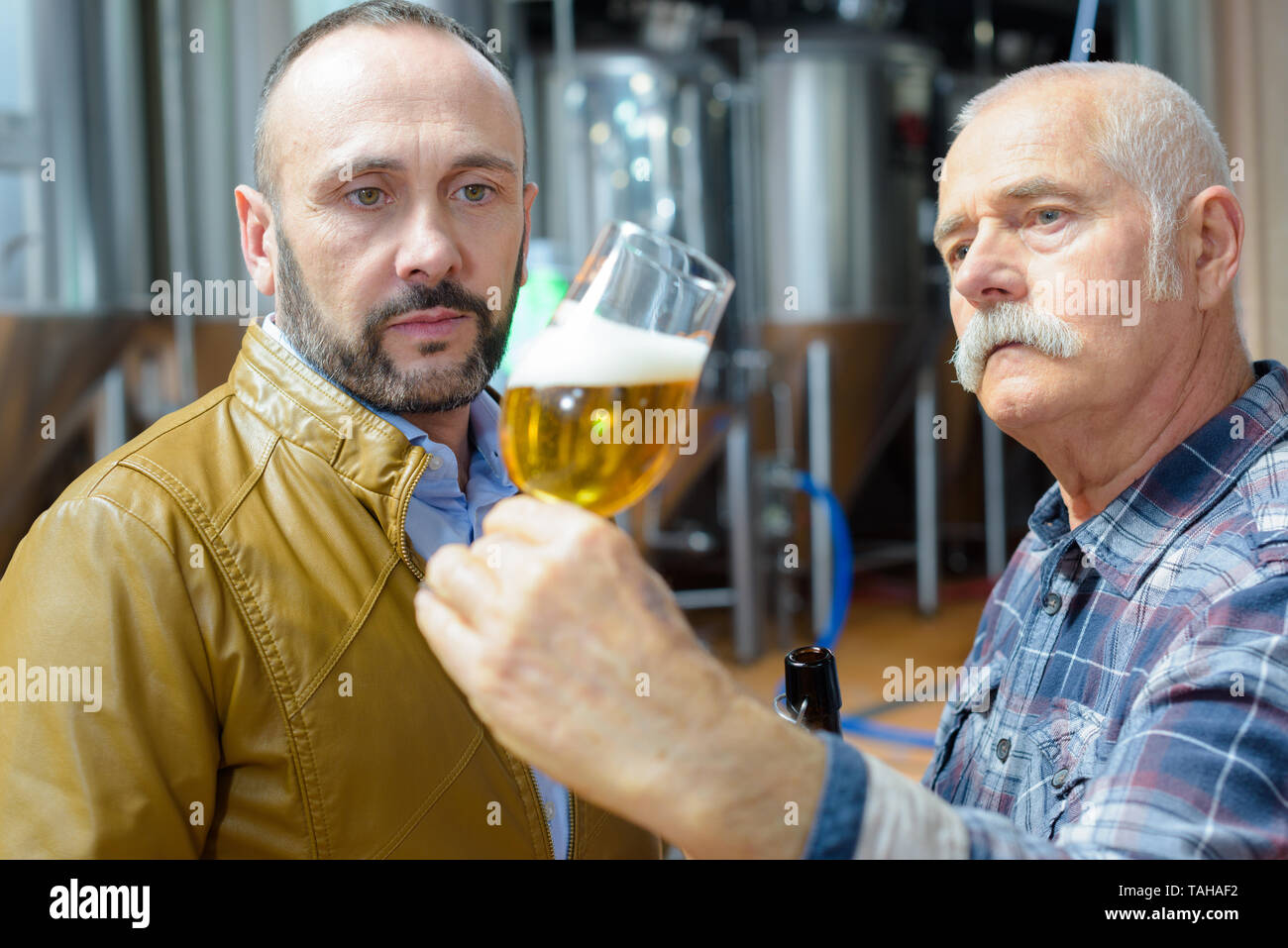 manufacturer and manager tasting beer at brewery Stock Photo