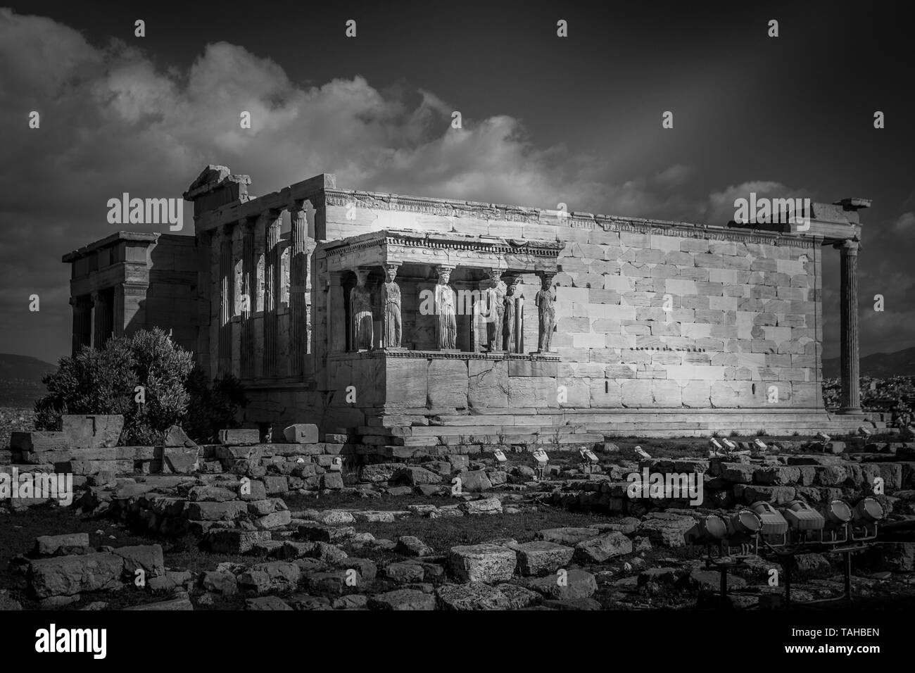 Black and white view of the Erechtheum, temple dedicated to the goddess Athena Poliade, Athens, Greece Stock Photo