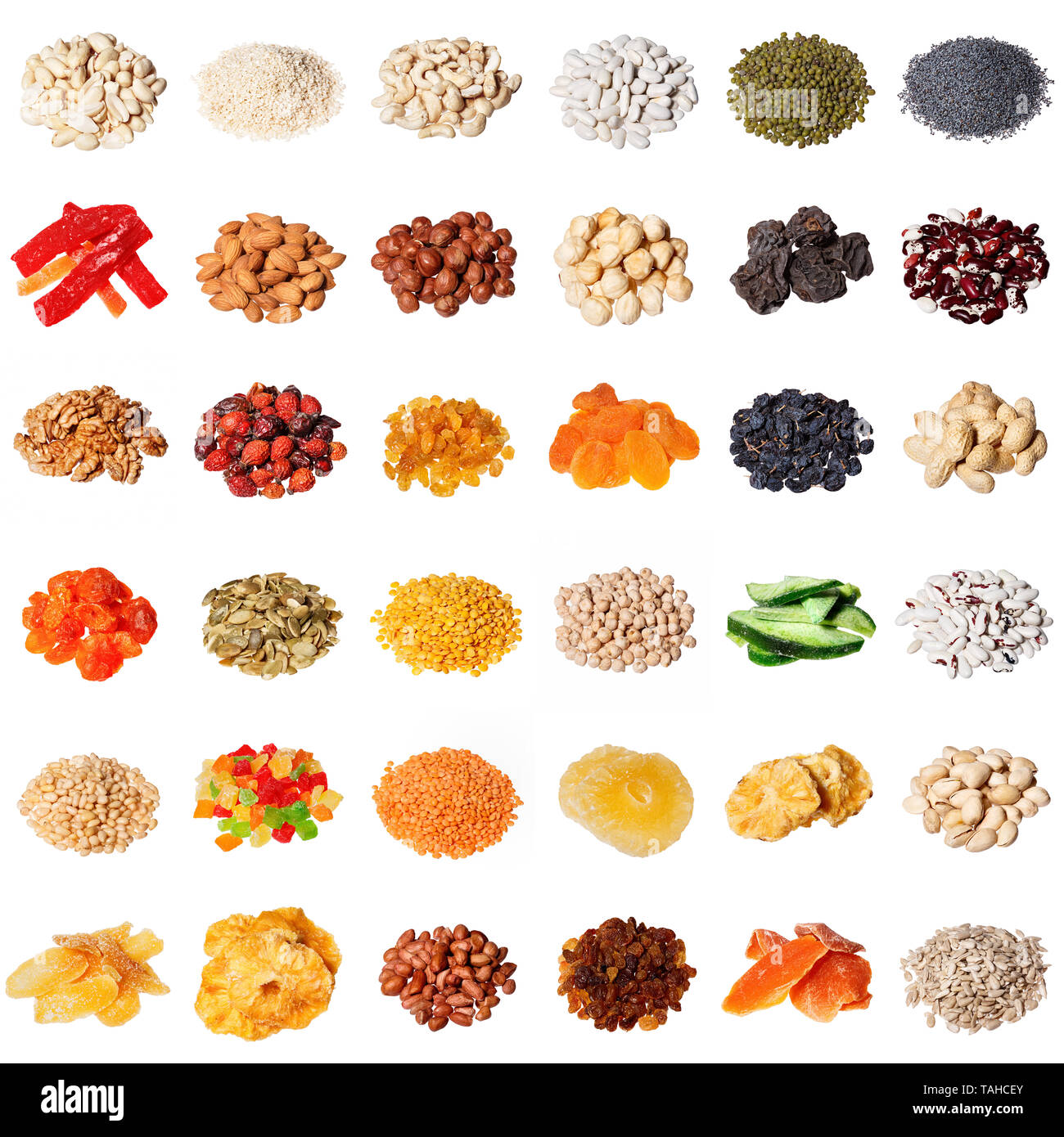 Large collection of different spices, herbs, nuts, dried fruits, beans