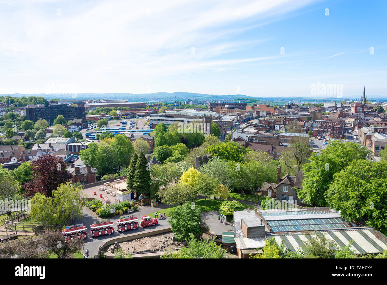 View of town centre from The Keep ramparts at Dudley Castle, Castle Hill, Dudley, West Midlands, England, United Kingdom Stock Photo