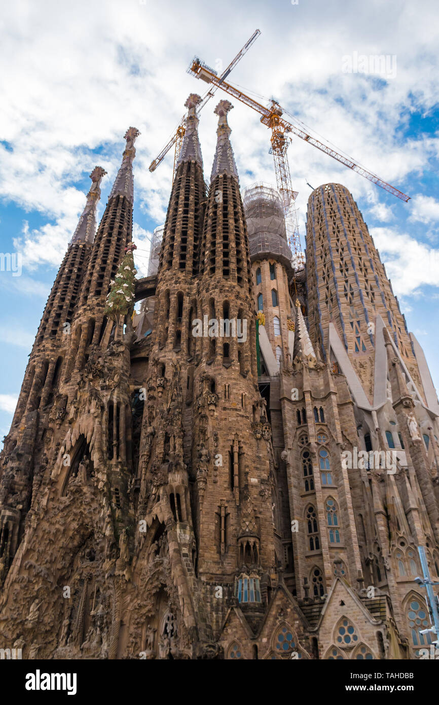 Barcelona, Catalonia, Spain - November 19, 2018: Worm's-eye view of the Temple Expiatori de la Sagrada Familia (Expiatory Church of the Holy Family) Stock Photo