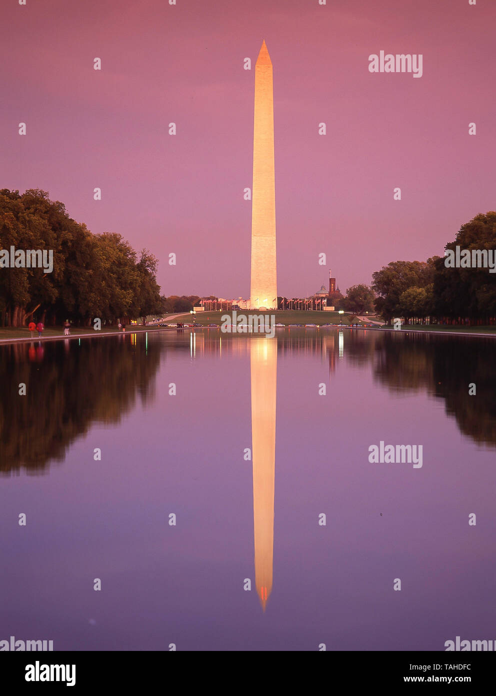 Washington Monument and Lincoln Memorial Reflecting Pool at dusk, Washington DC, United States of America Stock Photo