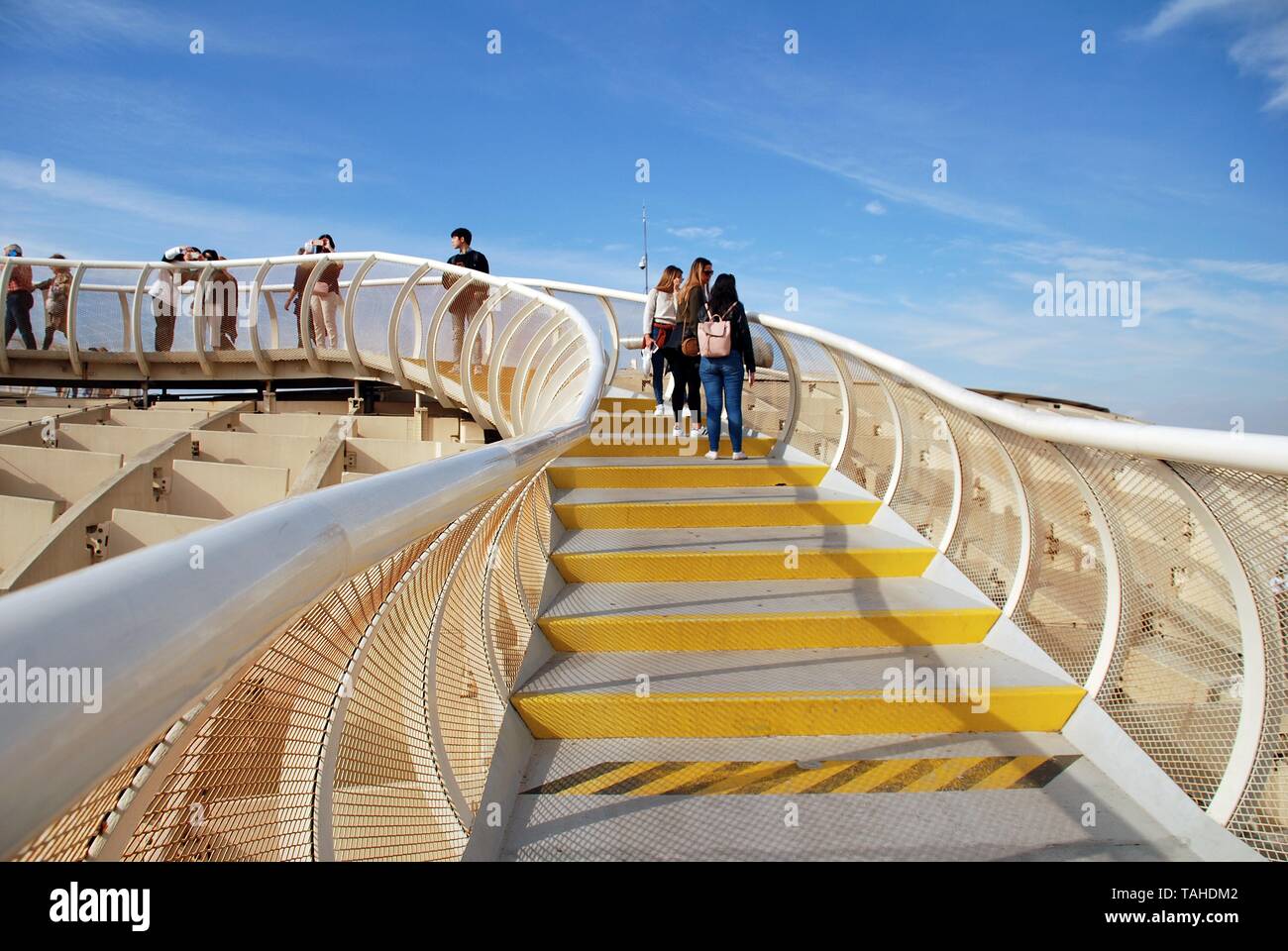 The walkway on the roof of the Metropol Parasol in Seville, Spain on April 2, 2019. Completed in 2011, the structure is known as Las Setas de Sevilla. Stock Photo