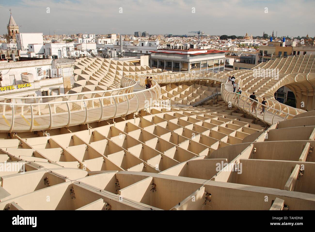 The walkway on the roof of the Metropol Parasol in Seville, Spain on April 2, 2019. Completed in 2011, the structure is known as Las Setas de Sevilla. Stock Photo
