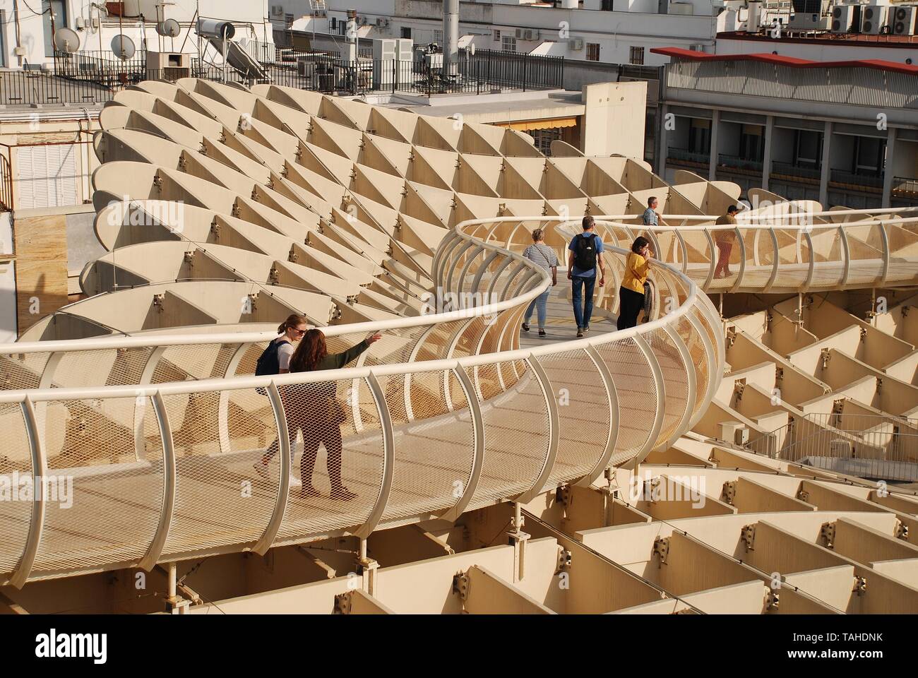 The walkway on the roof of the Metropol Parasol in Seville, Spain on April 2, 2019. Completed in 2011, the structure is known as Las Setas de Sevilla. Stock Photo