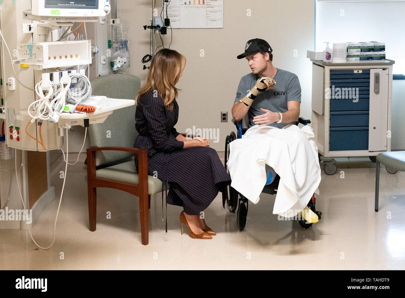 U.S. First Lady Melania Trump visits with wounded sailor Petty Officer