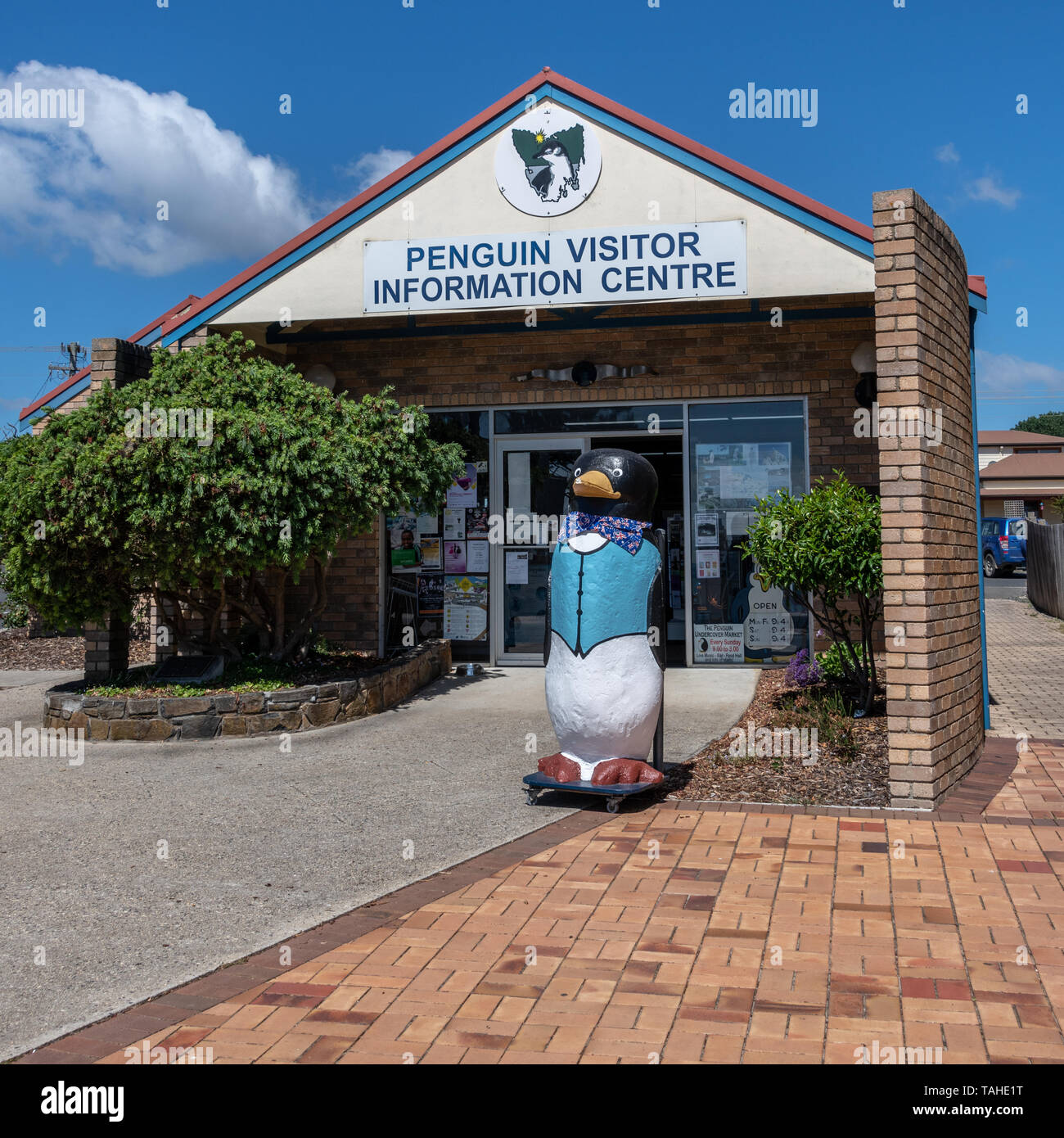 Penguin Town. Tasmania, Visitor Centre with Giant Penguin Stock Photo