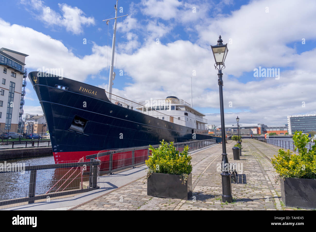 The MV Fingal, a luxury floating hotel permanently berthed in Leith Docks in Edinburgh Stock Photo
