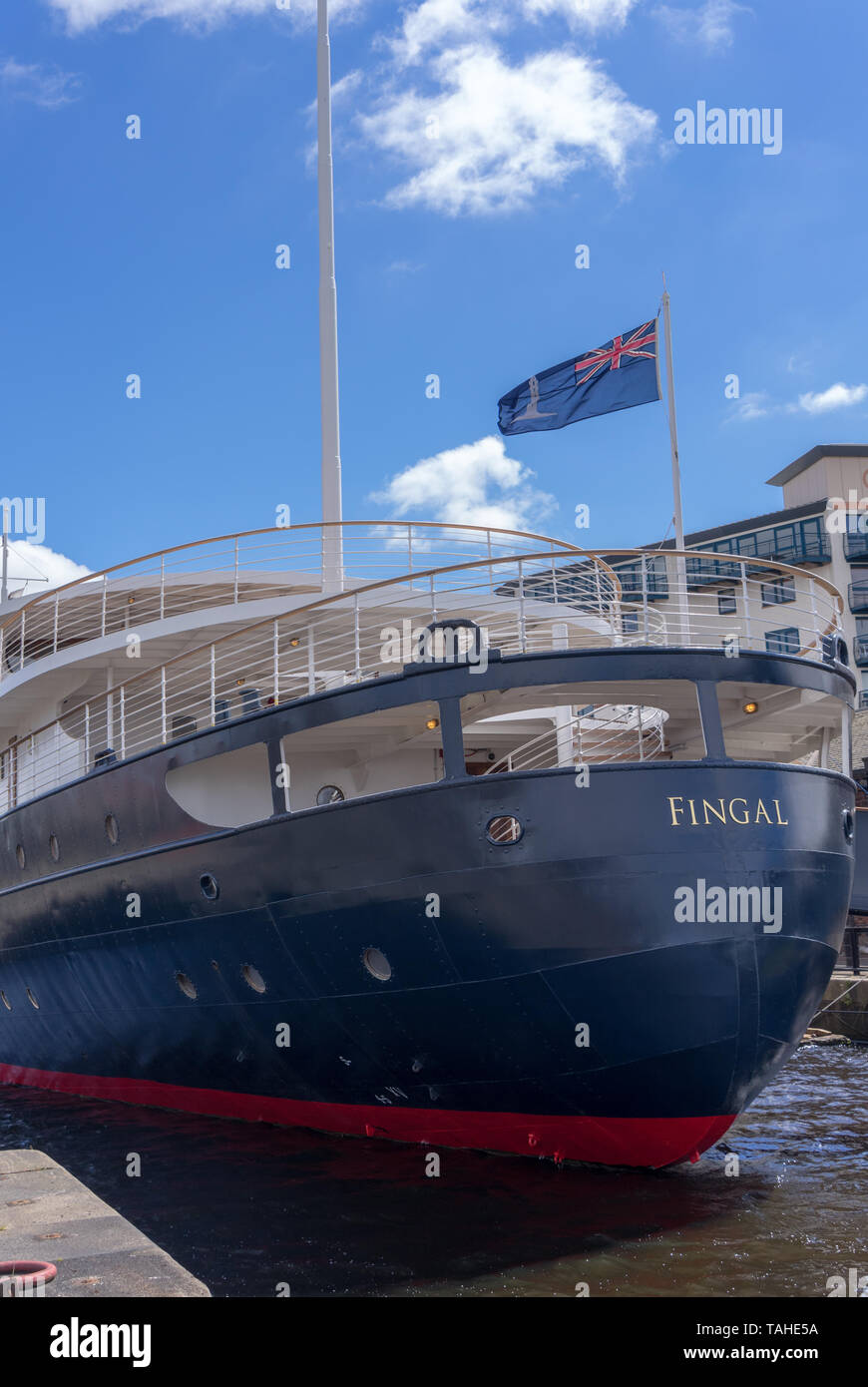 The MV Fingal, a luxury floating hotel permanently berthed in Leith Docks in Edinburgh Stock Photo