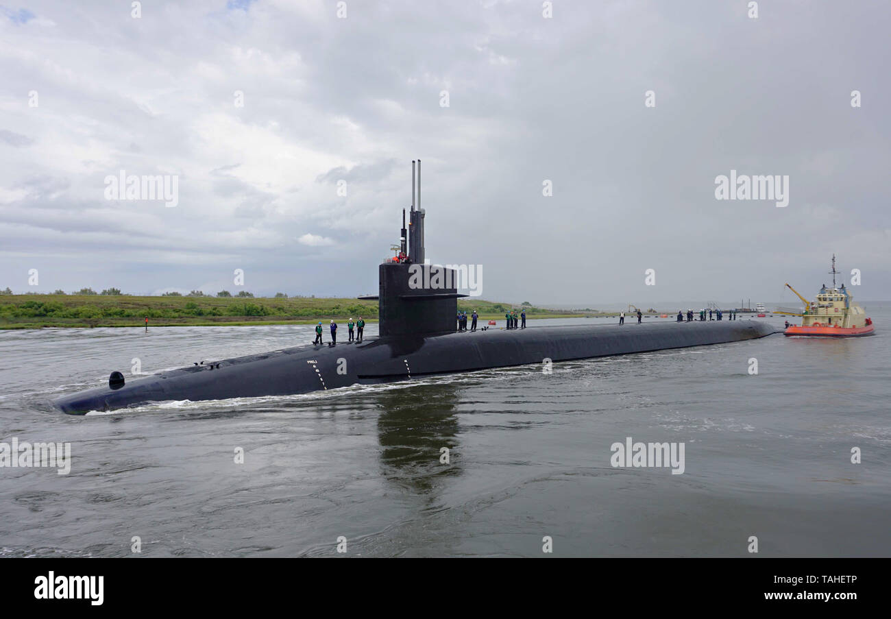 The U.S. Navy Ohio-class ballistic-missile submarine USS Rhode Island returns to homeport at Naval Submarine Base Kings Bay May 16, 2019 in Kings Bay Georgia. Stock Photo