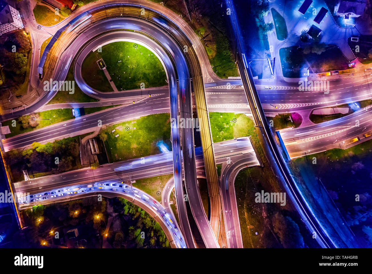Night Aerial view of a freeway intersection traffic trails in night Moscow Stock Photo