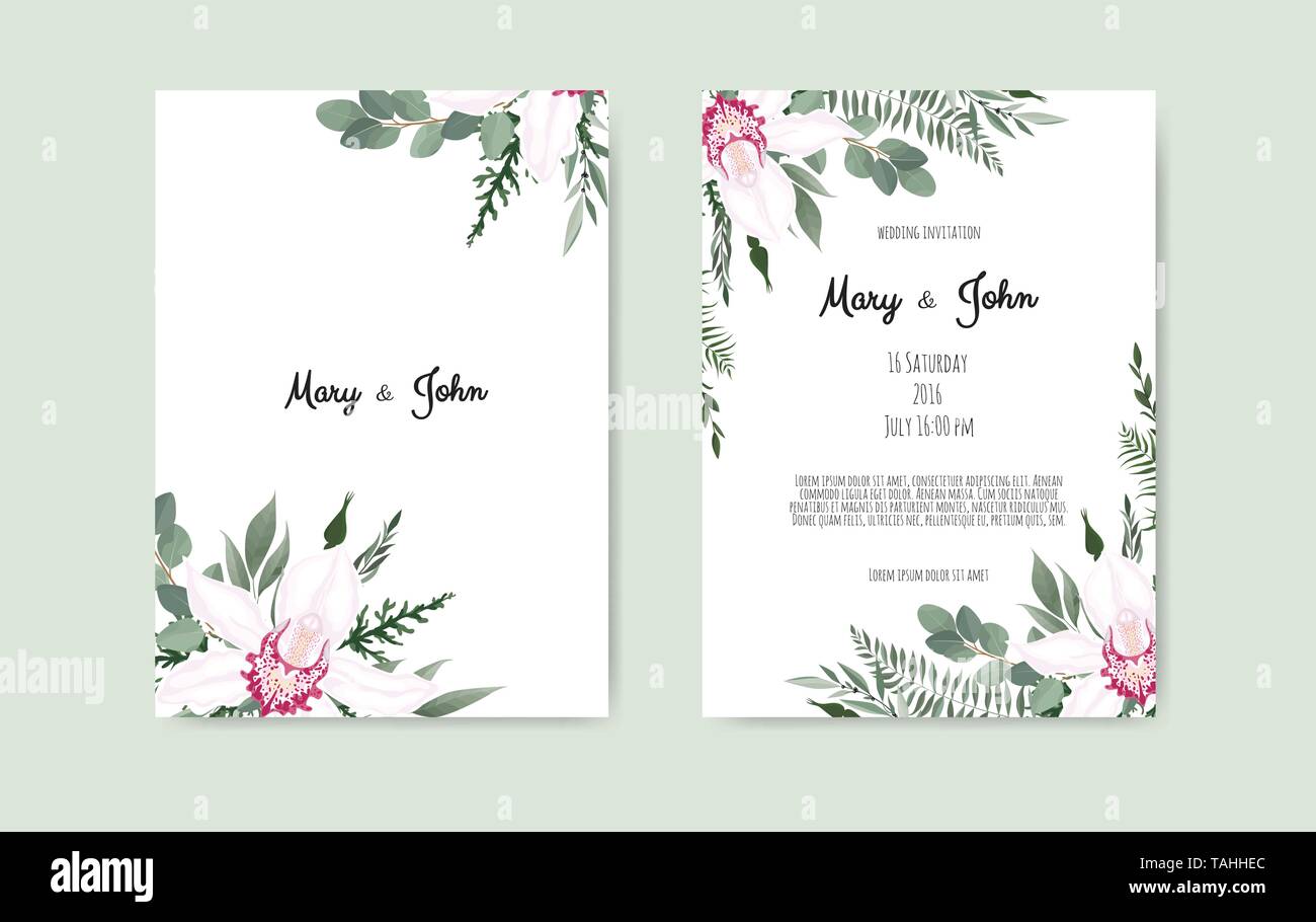 Botanical wedding invitation card template design, white and pink ...