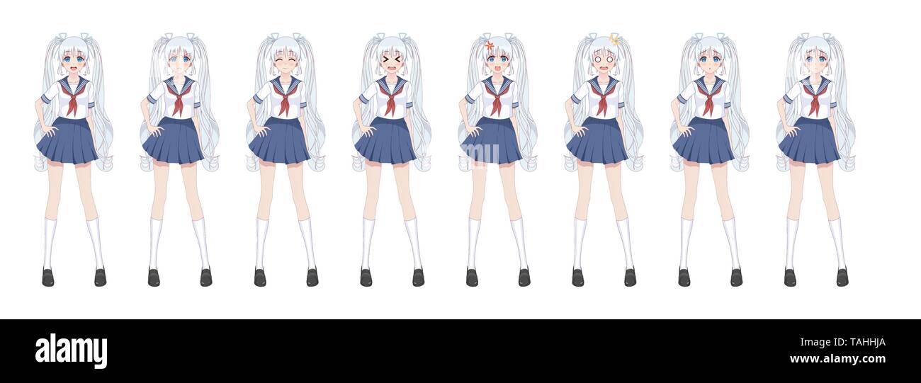 Anime manga girl, Cartoon character in Japanese style.School girl in a sailor suit, blue skirt.Set of emotions.Sprite full length character for game v Stock Vector