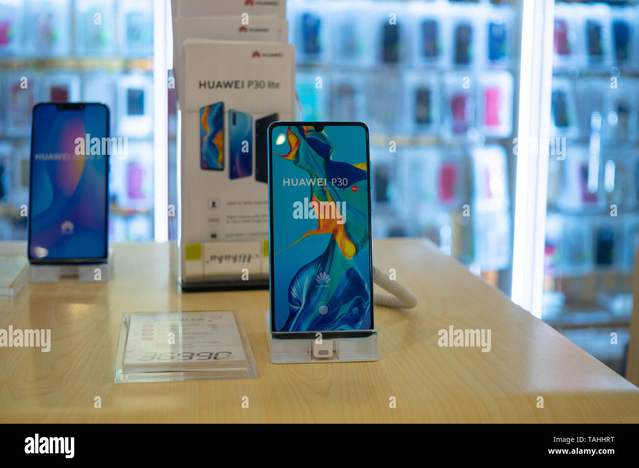 A Huawei mobile phone outlet within a Philippine shopping mall advertisng the P30 smartphone.Huawei are considered as one of the top selling mobile ph Stock Photo