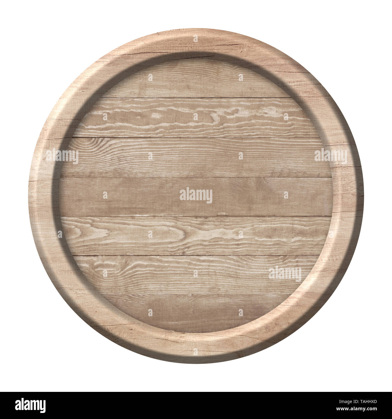 Round wooden signpost or plate made of natural wood and with bright frame Stock Photo