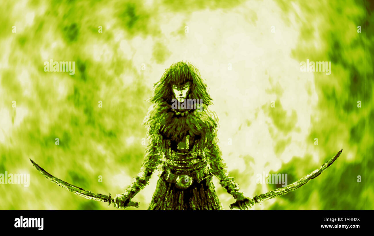 Warrior girl with two raised sabers. Fantasy illustration. Freehand digital drawing. Stock Photo