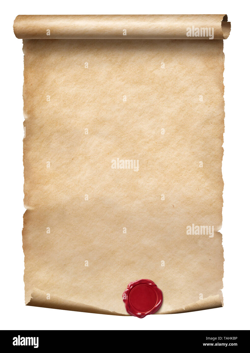 Old parchment scroll with wax seal isolated on white Stock Photo