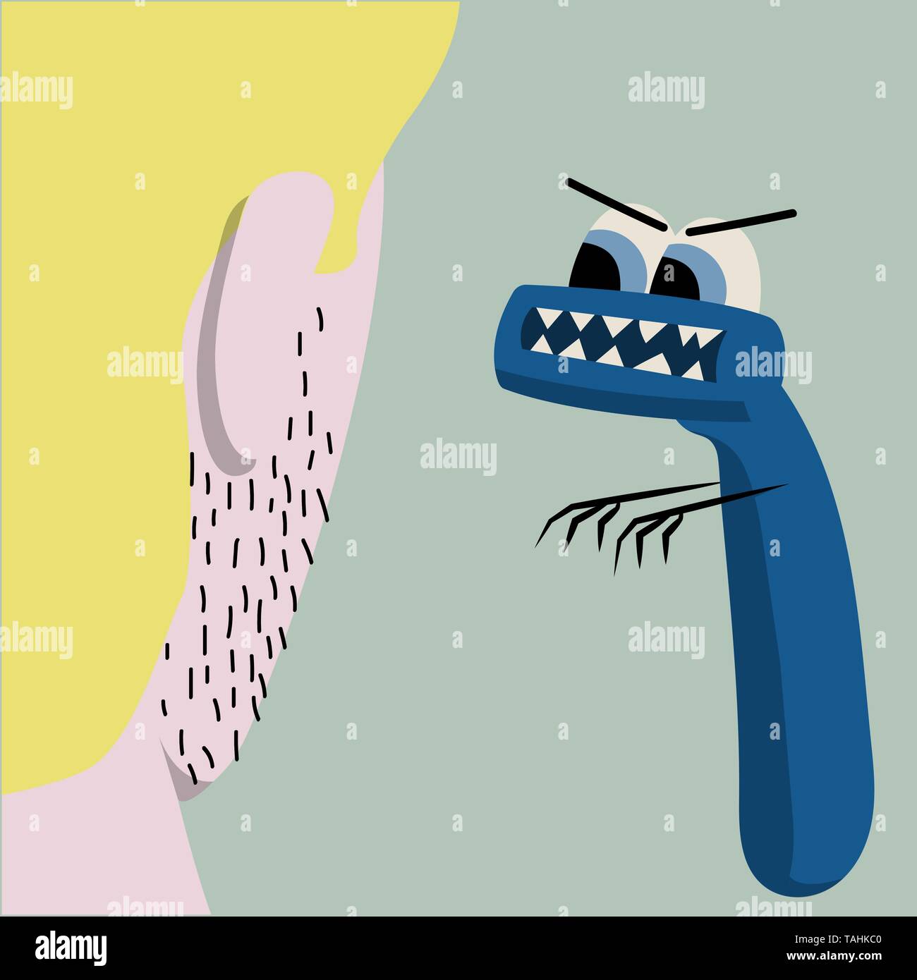 Blue angry razor looks at unshaven face. Isolated stock vector illustration Stock Vector