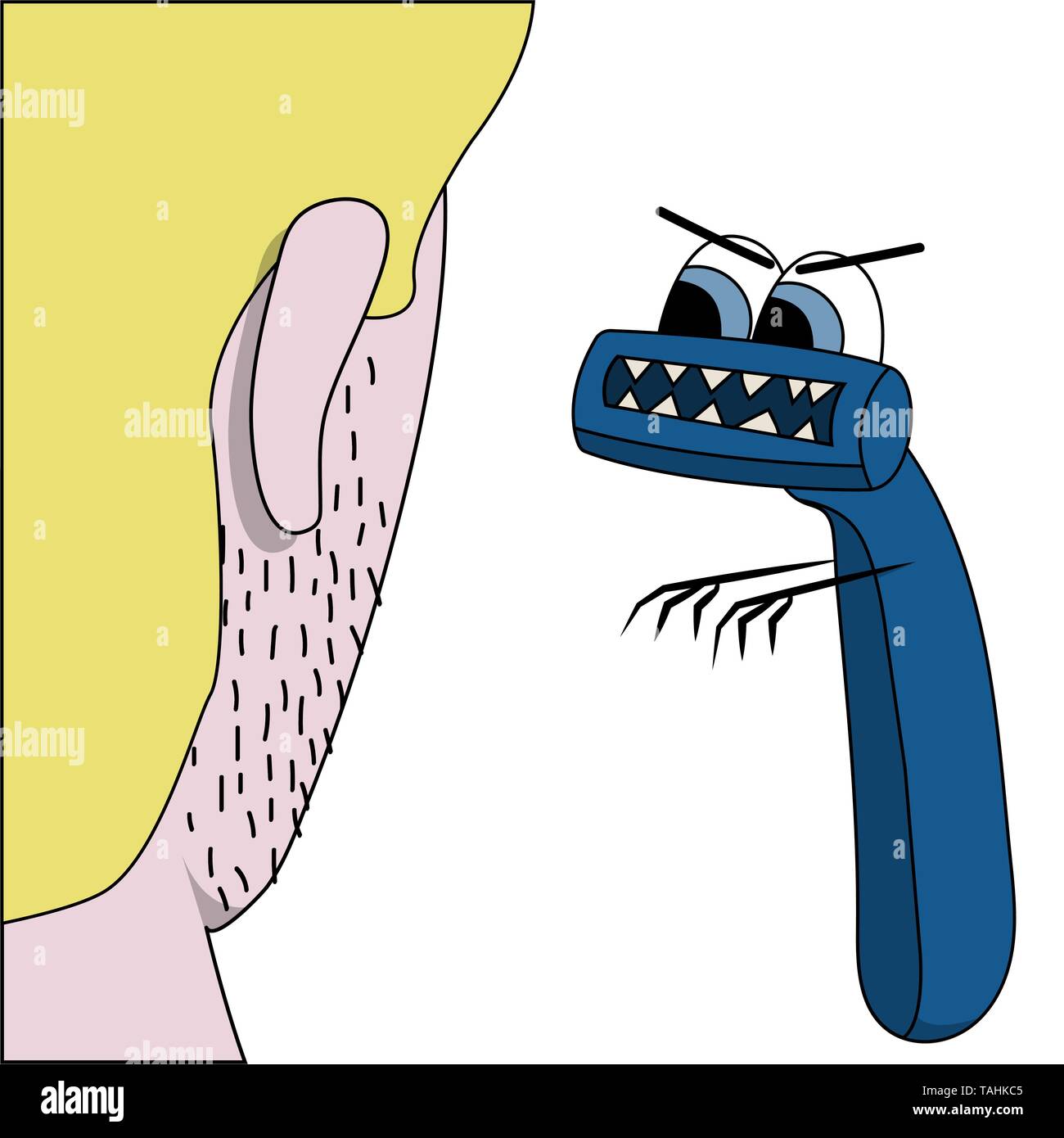 Blue angry razor looks at unshaven face. Isolated cartoon stock vector illustration Stock Vector