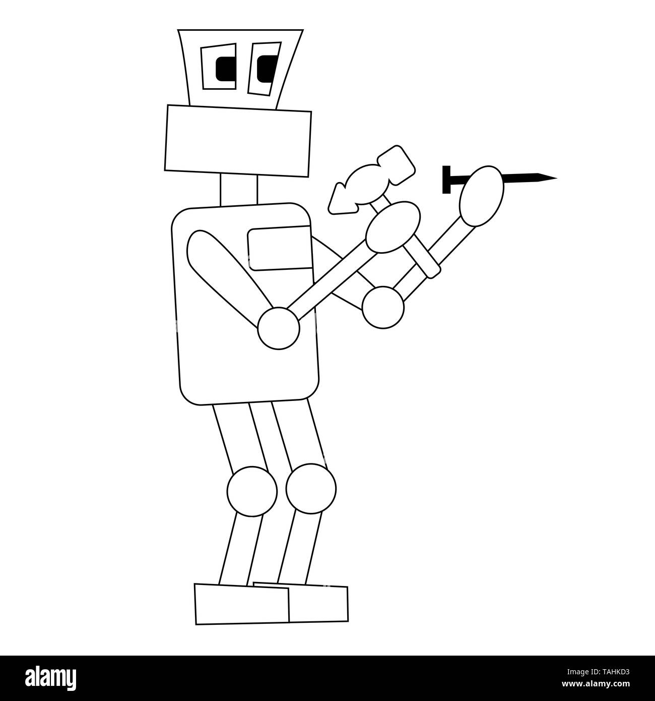 the robot is hammering a nail at work. Isolated outline stock vector illustration Stock Vector