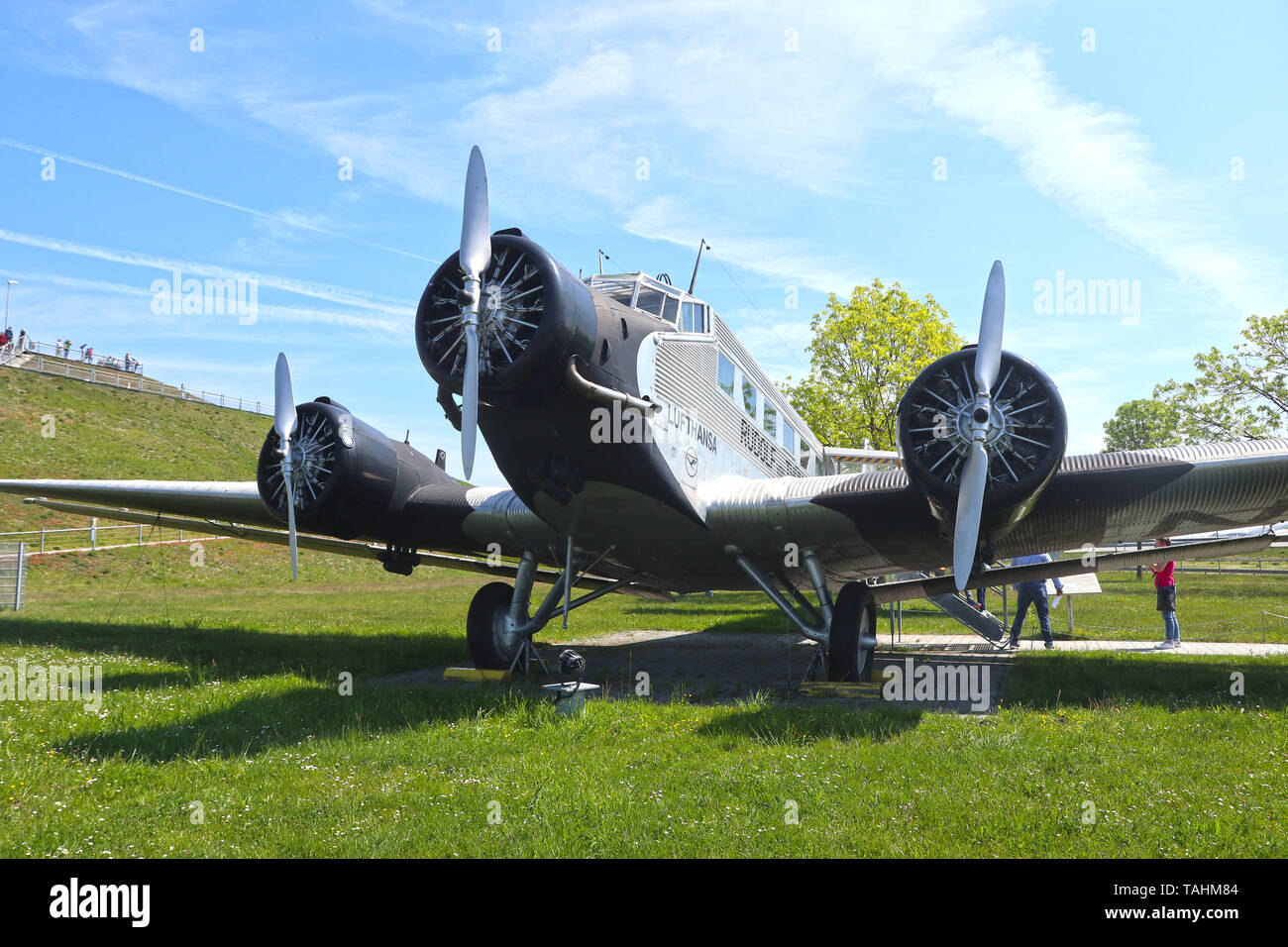 MUNICH, GERMANY -  the historical aircraft Lufthansa Ju 52 of the year 1937 from Pamir to China on display and open to the visitors Stock Photo