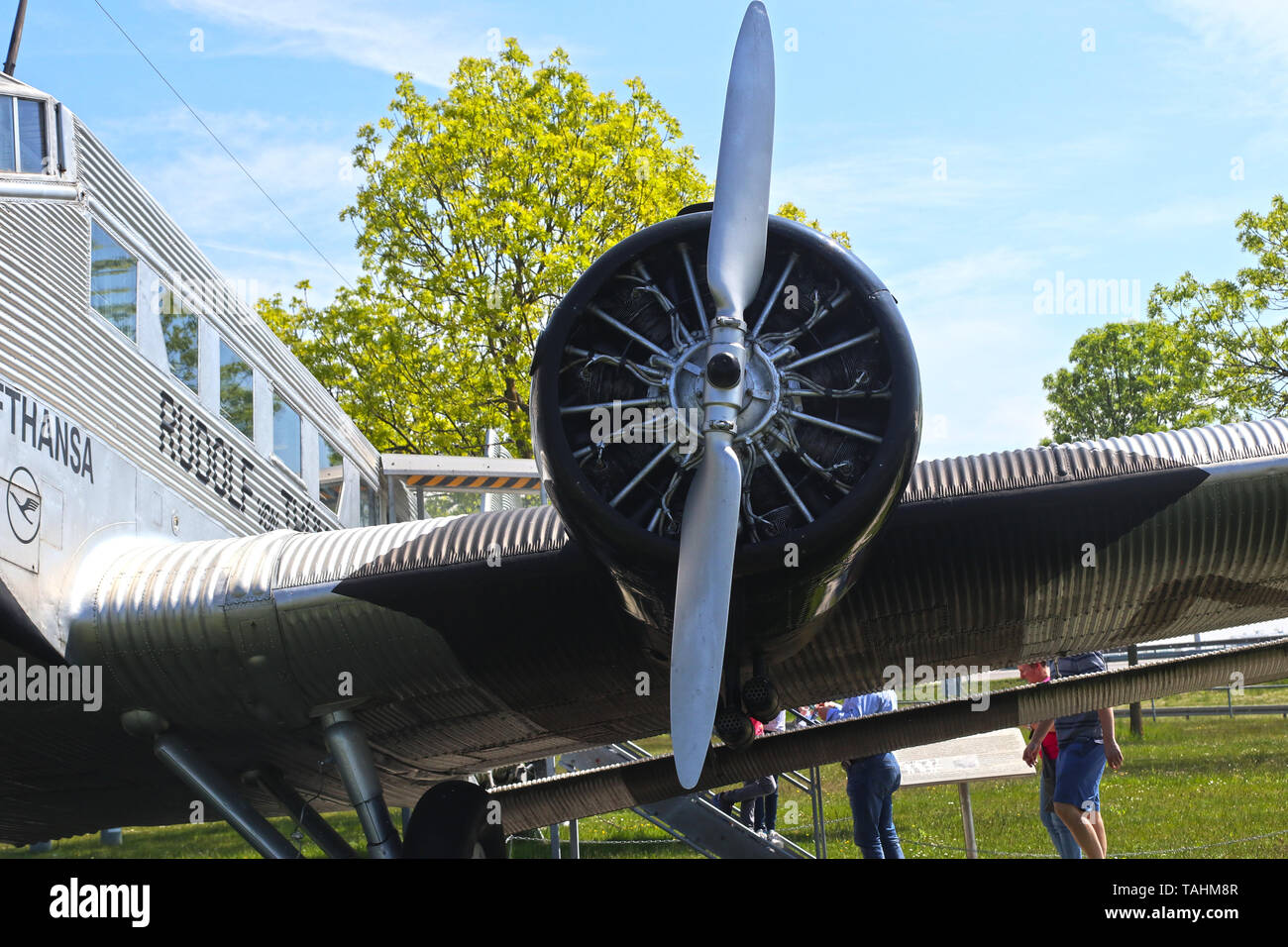 MUNICH, GERMANY - the historical aircraft Lufthansa Ju 52 of the year 1937 from Pamir to China on display and open to the visitors Stock Photo