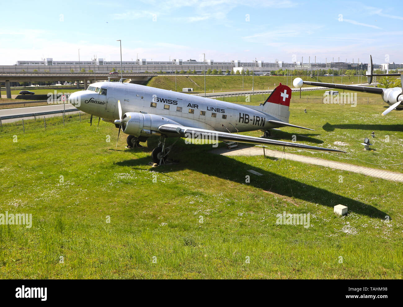 MUNICH, GERMANY - MAY 19, 2019 - a historical legendary aircraft Douglas DC3 of the year 1946 for the Swiss Air on display at the Munich Airport visit Stock Photo