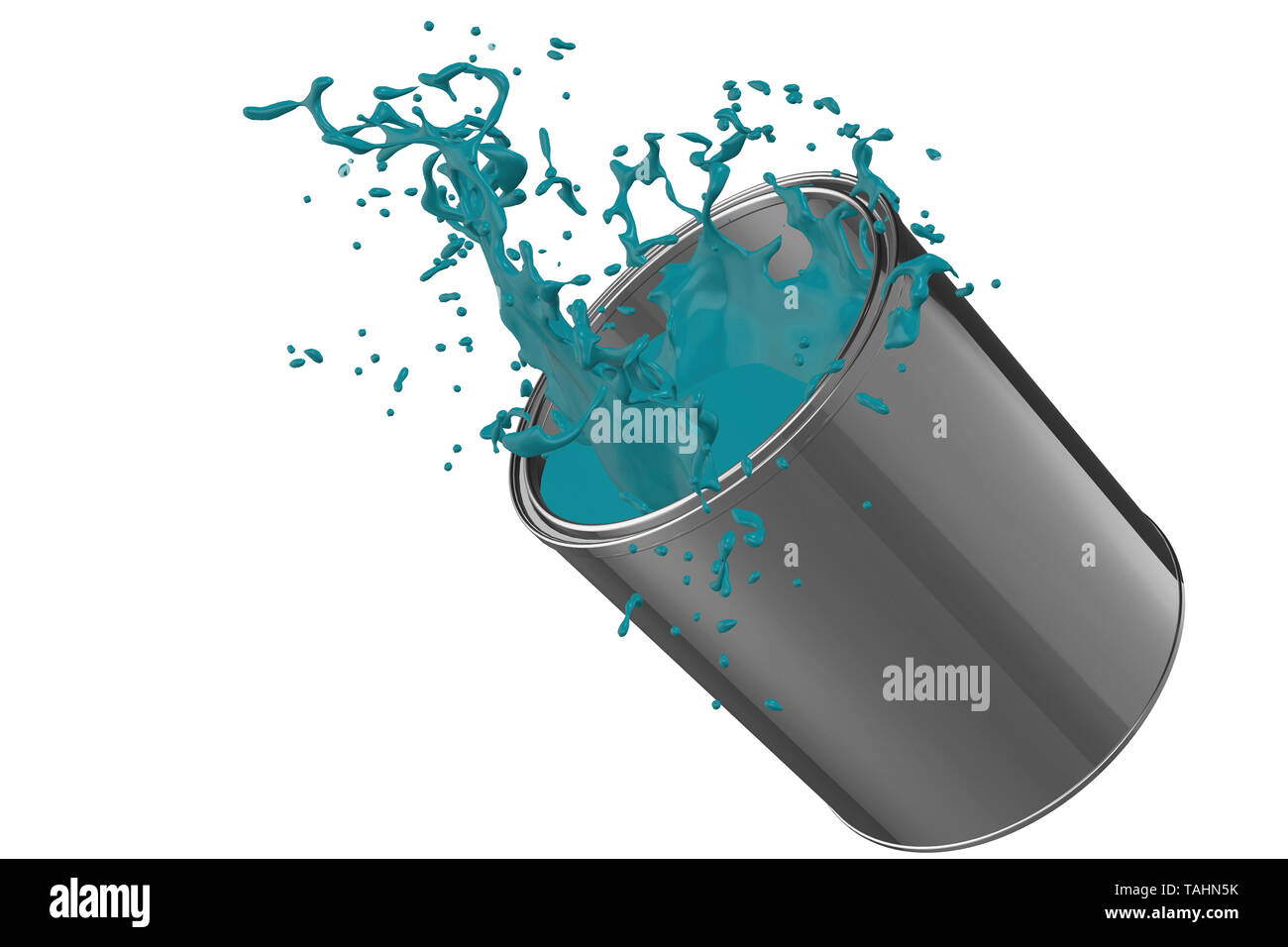 3D Render of a dropped paint can spilling Blue paint Stock Photo