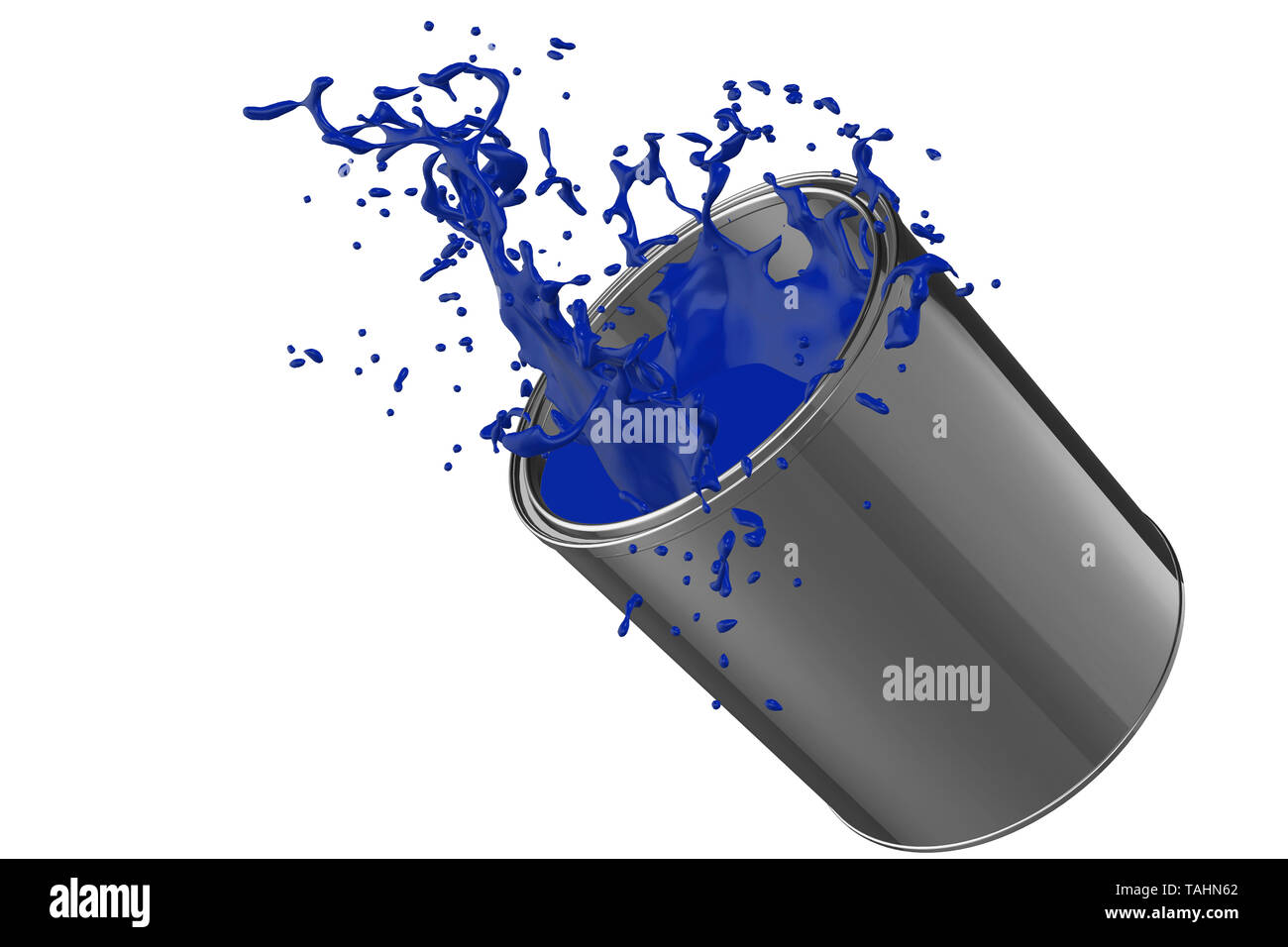 3D Render of a dropped paint can spilling Blue paint Stock Photo
