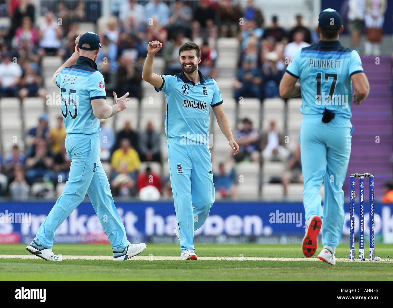 England's Mark Wood celebrates taking the wicket of Australia's Aaron Finch during the ICC Cricket World Cup Warm up match at The Hampshire Bowl, Southampton. Stock Photo