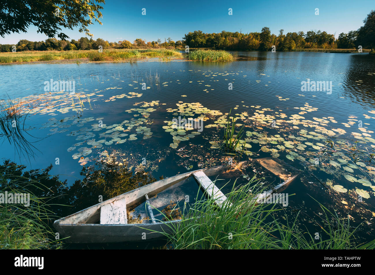 Abandoned Old Wooden Fishing Boat In Summer Lake Or River. Beautiful Summer Sunny Evening. Forsaken Boat. Stock Photo