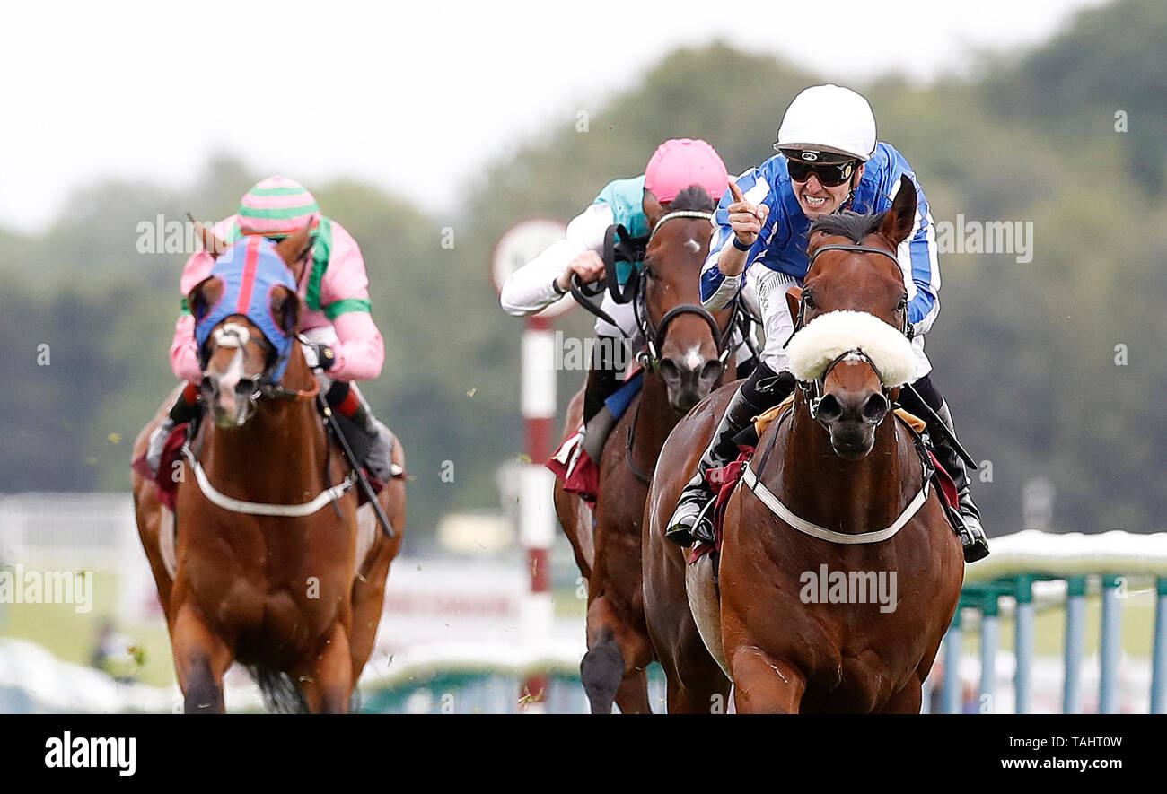 Hello Youmzain (right) ridden by Kevin Stott wins The Armstrong Aggregates Sandy Lane Stakes, during Armstrong Group Temple Stakes day at Haydock Park Racecourse, Haydock. Stock Photo