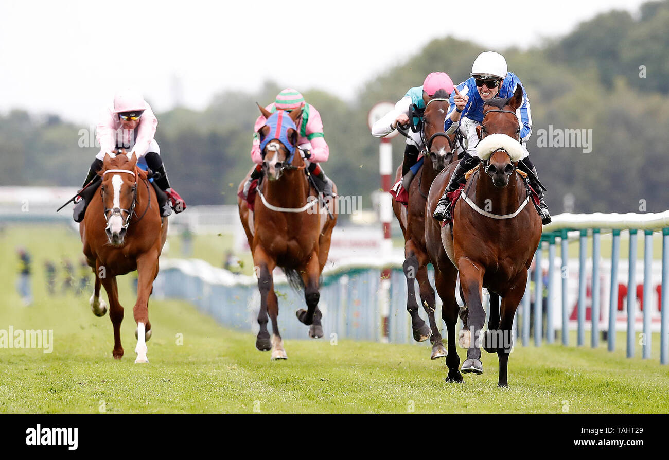 Hello Youmzain (right) ridden by Kevin Stott wins The Armstrong Aggregates Sandy Lane Stakes, during Armstrong Group Temple Stakes day at Haydock Park Racecourse, Haydock. Stock Photo