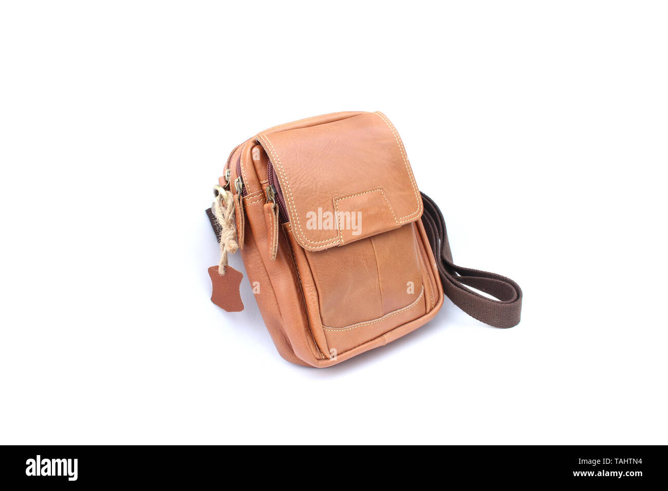 Brown bag leather on isolated white Stock Photo