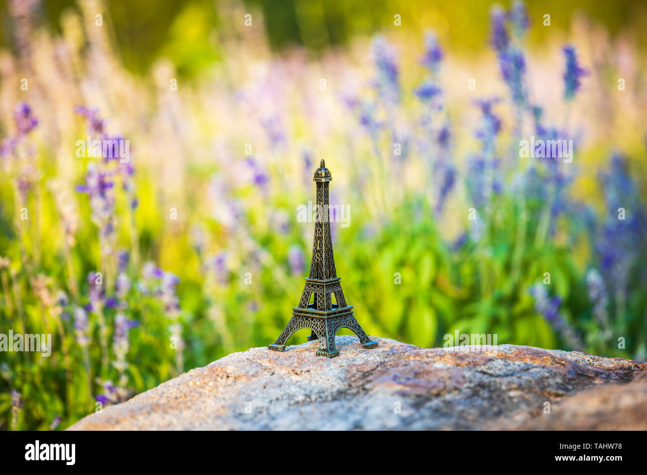 Miniature Eiffel tower in Lavender field . monument figurine Stock Photo
