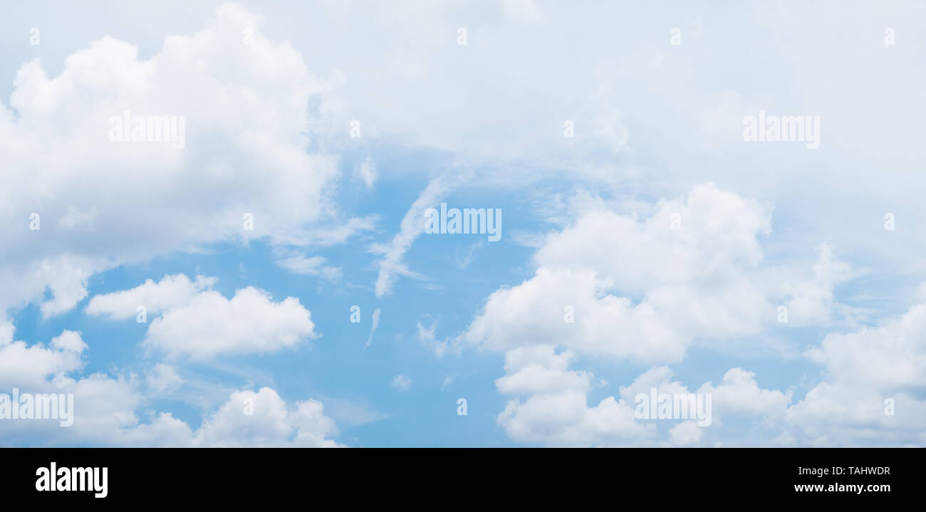 blue sky background with white clouds during day . panorama . Stock Photo