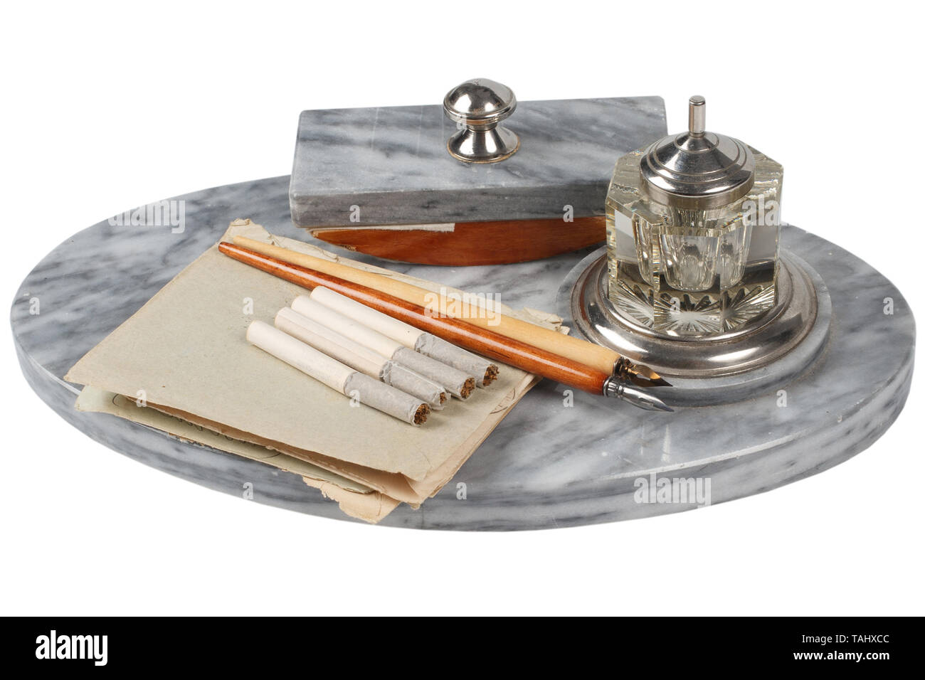 Old fountain pen with rocking ink blotter with silver and glass inkwell