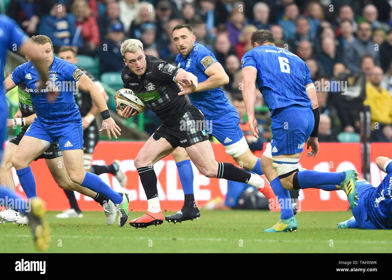 Glasgow's Stuart Hogg and Leinster's Rhys Ruddock during the Guinness PRO14 Final at Celtic Park, Glasgow. Stock Photo