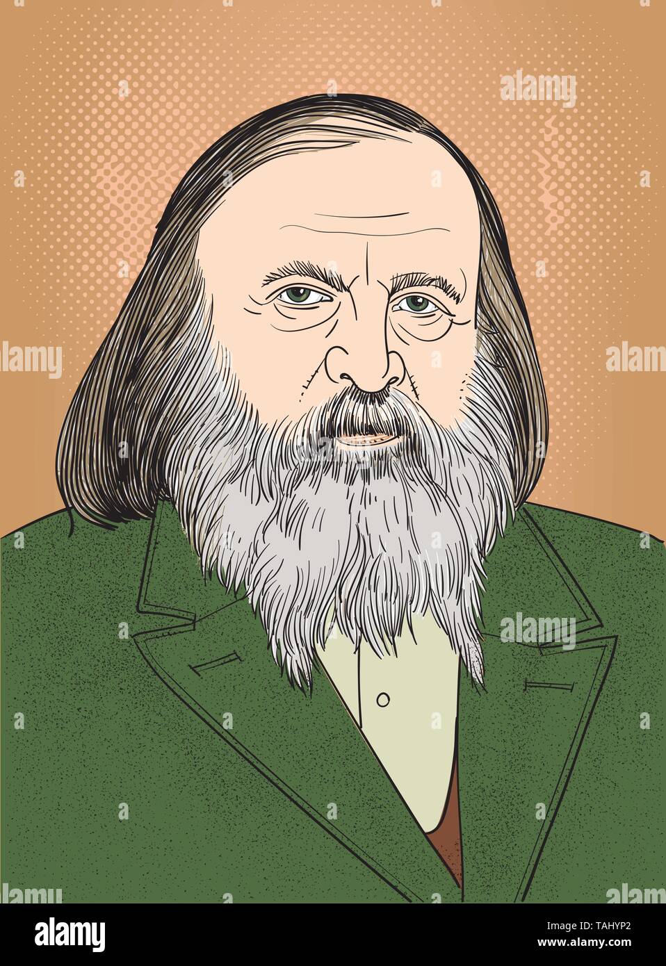 Dmitri Mendeleev (1834-1907) portrait in line art illustration. He was a Russian chemist who developed the periodic classification of the elements. Stock Vector