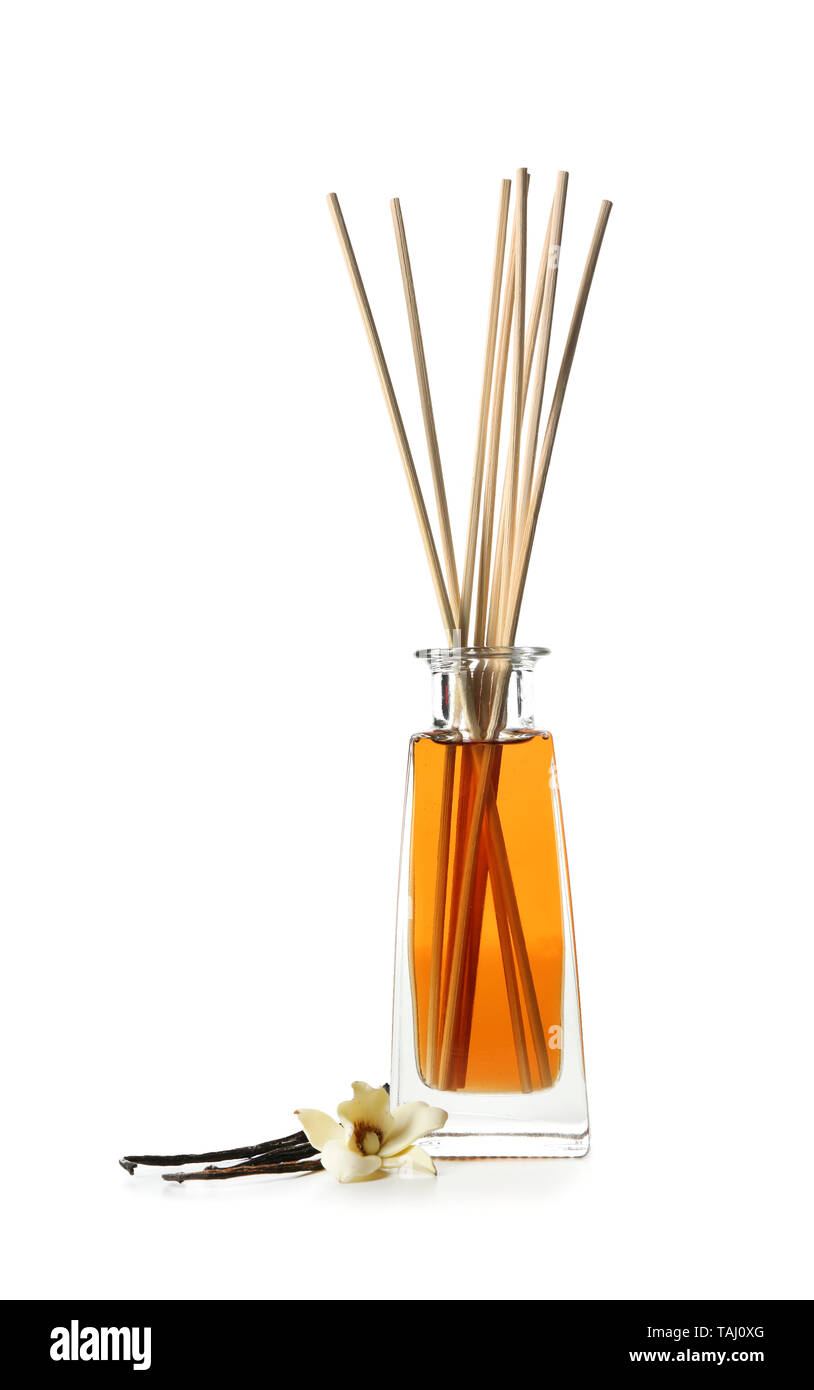 Vanilla reed diffuser on white background Stock Photo Alamy