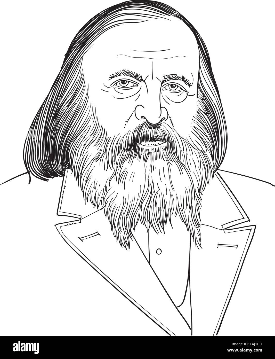 Dmitri Mendeleev (1834-1907) portrait in line art illustration. He was a Russian chemist who developed the periodic classification of the elements. Stock Vector