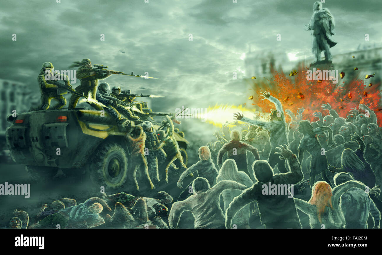 Zombie horde attack on an armored troop carrier with shooting soldiers.  Gloomy city of the dead. Illustration in horror genre Stock Photo - Alamy