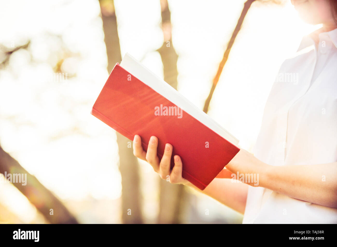 Student girl outdoors holding a red book over sunny background . Learning concept. University concept. Love learning concept. Stock Photo